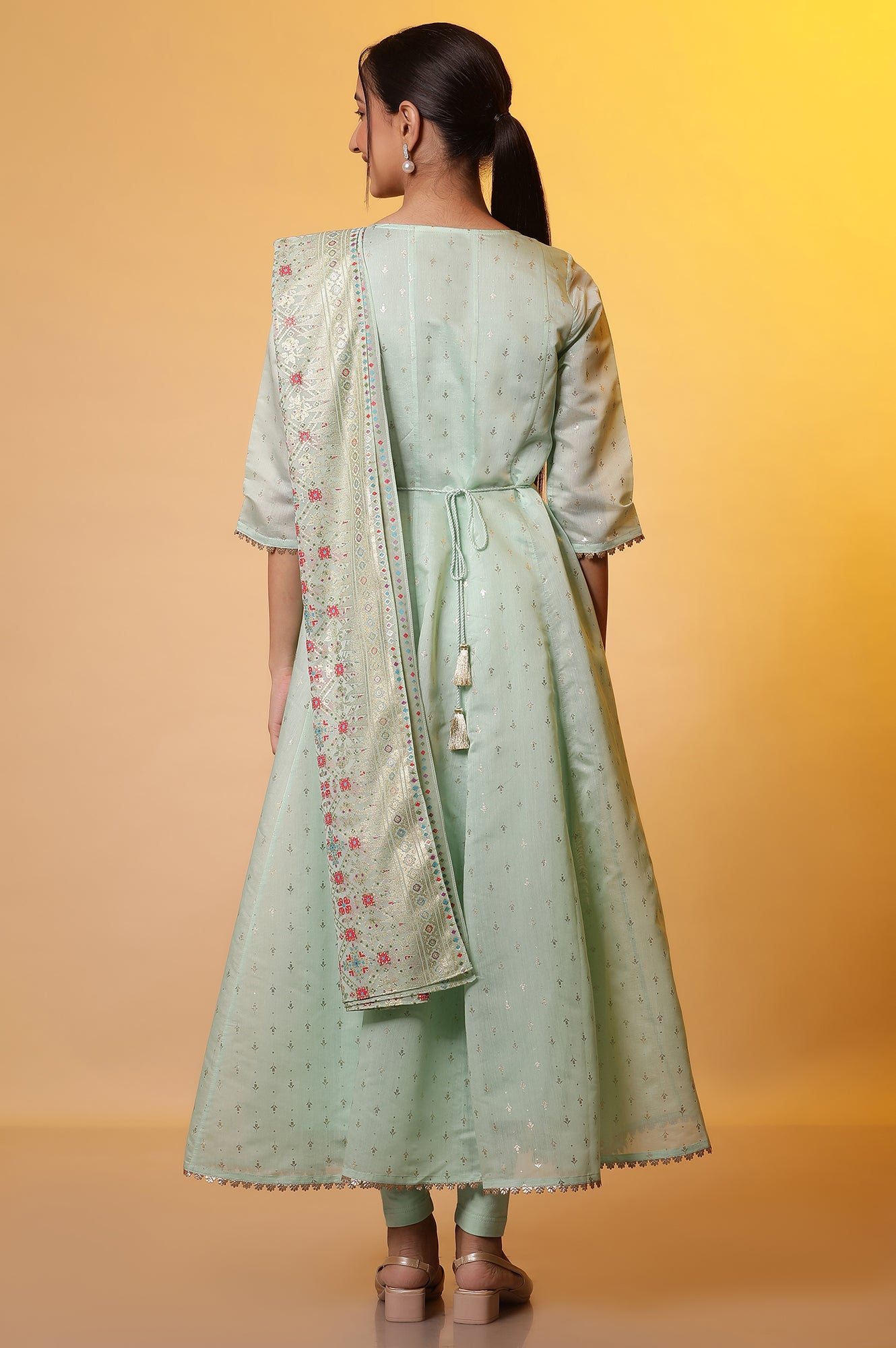 Green Embellished Anarkali Kurta, Tights and Dupatta Set