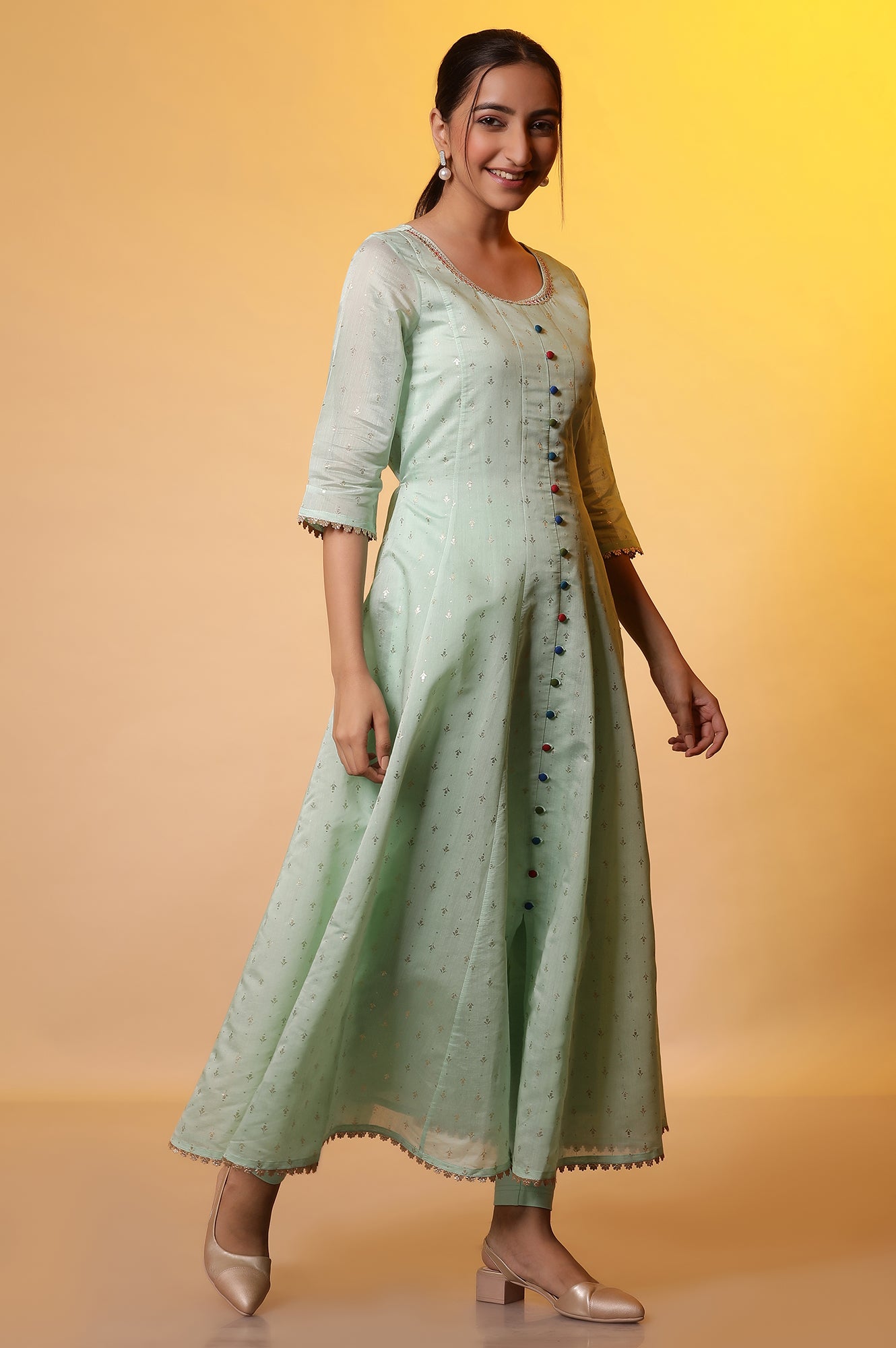 Green Embellished Anarkali Kurta, Tights and Dupatta Set