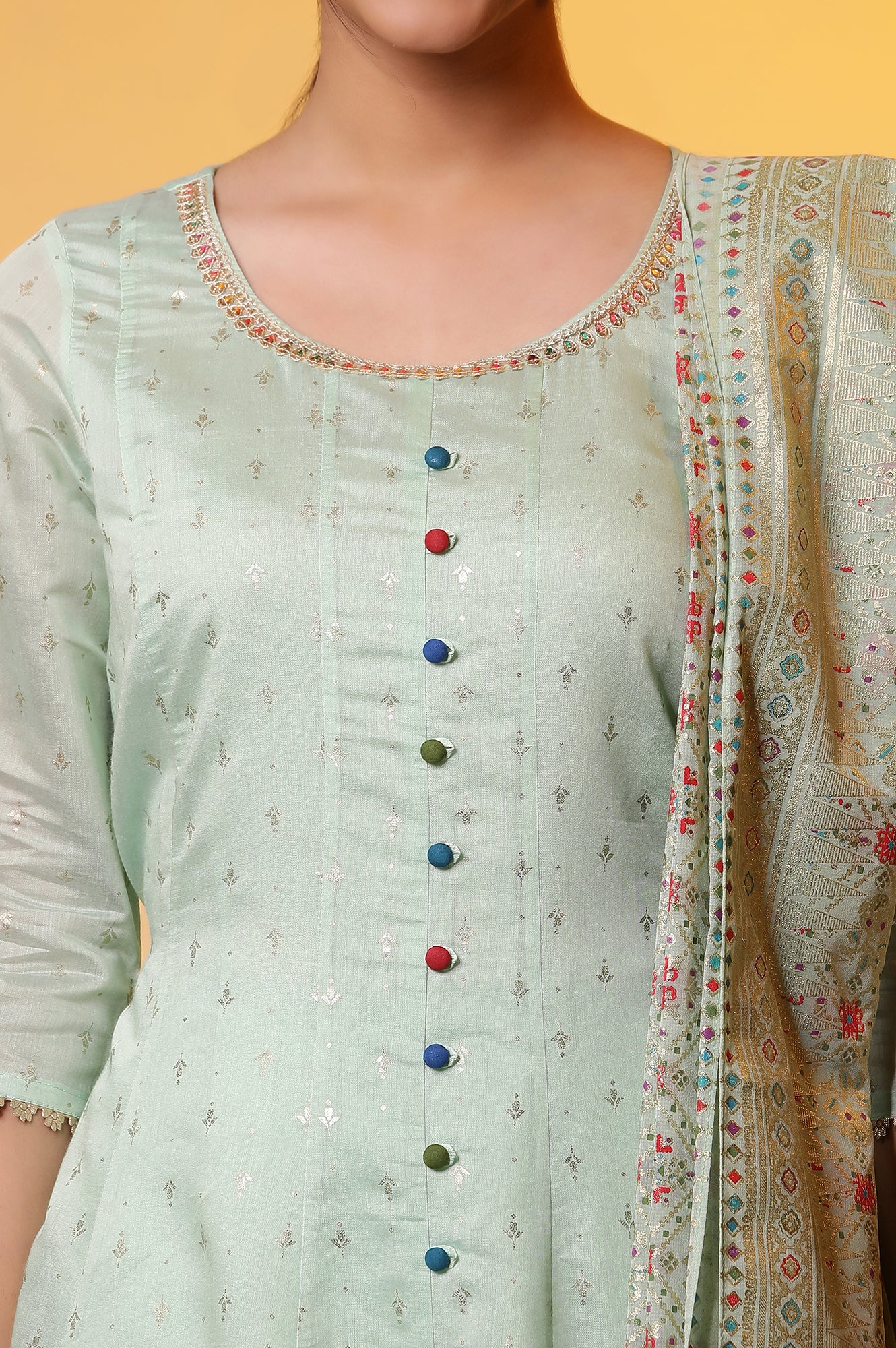 Green Embellished Anarkali Kurta, Tights and Dupatta Set