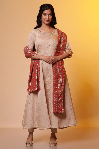 Biege Embellished Anarkali Kurta, Tights and Dupatta Set