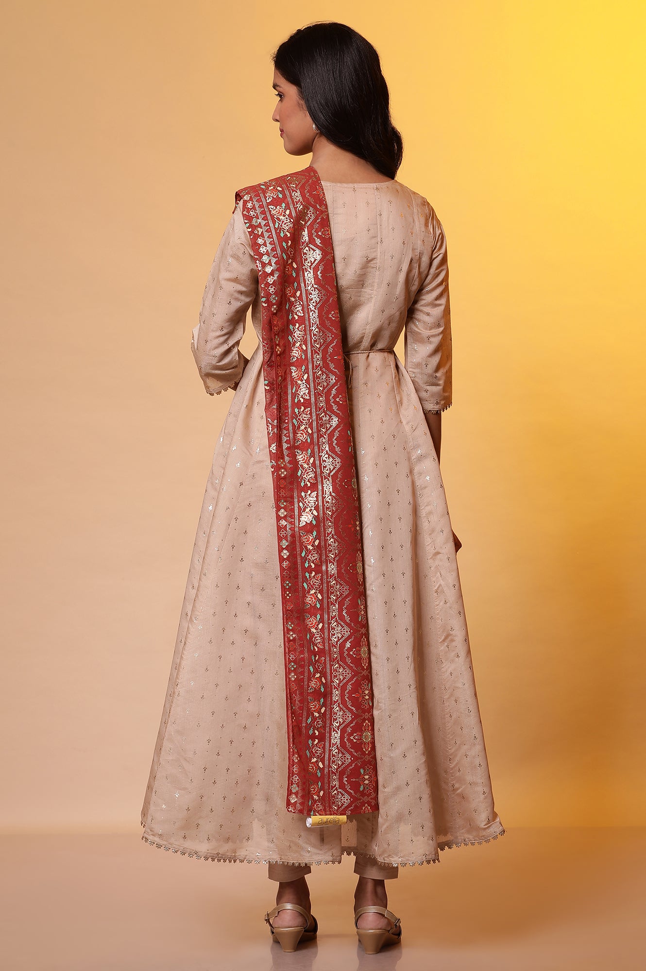 Biege Embellished Anarkali Kurta, Tights and Dupatta Set