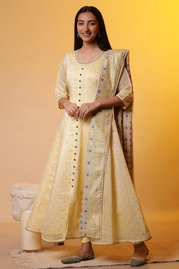 Yellow Embellished Anarkali Kurta, Tights and Dupatta Set