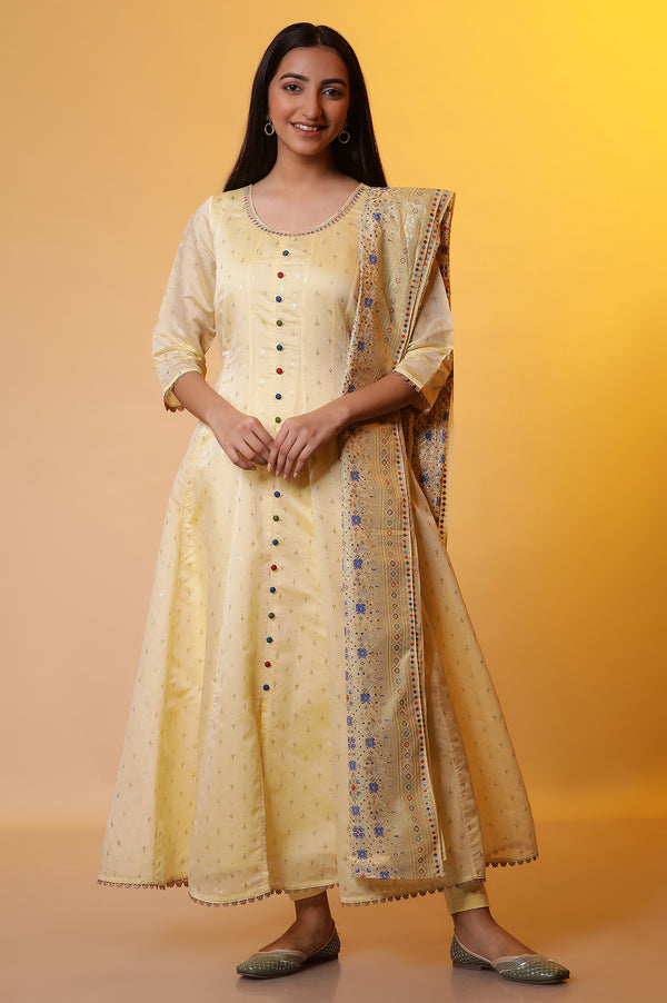 Yellow Embellished Anarkali Kurta, Tights and Dupatta Set