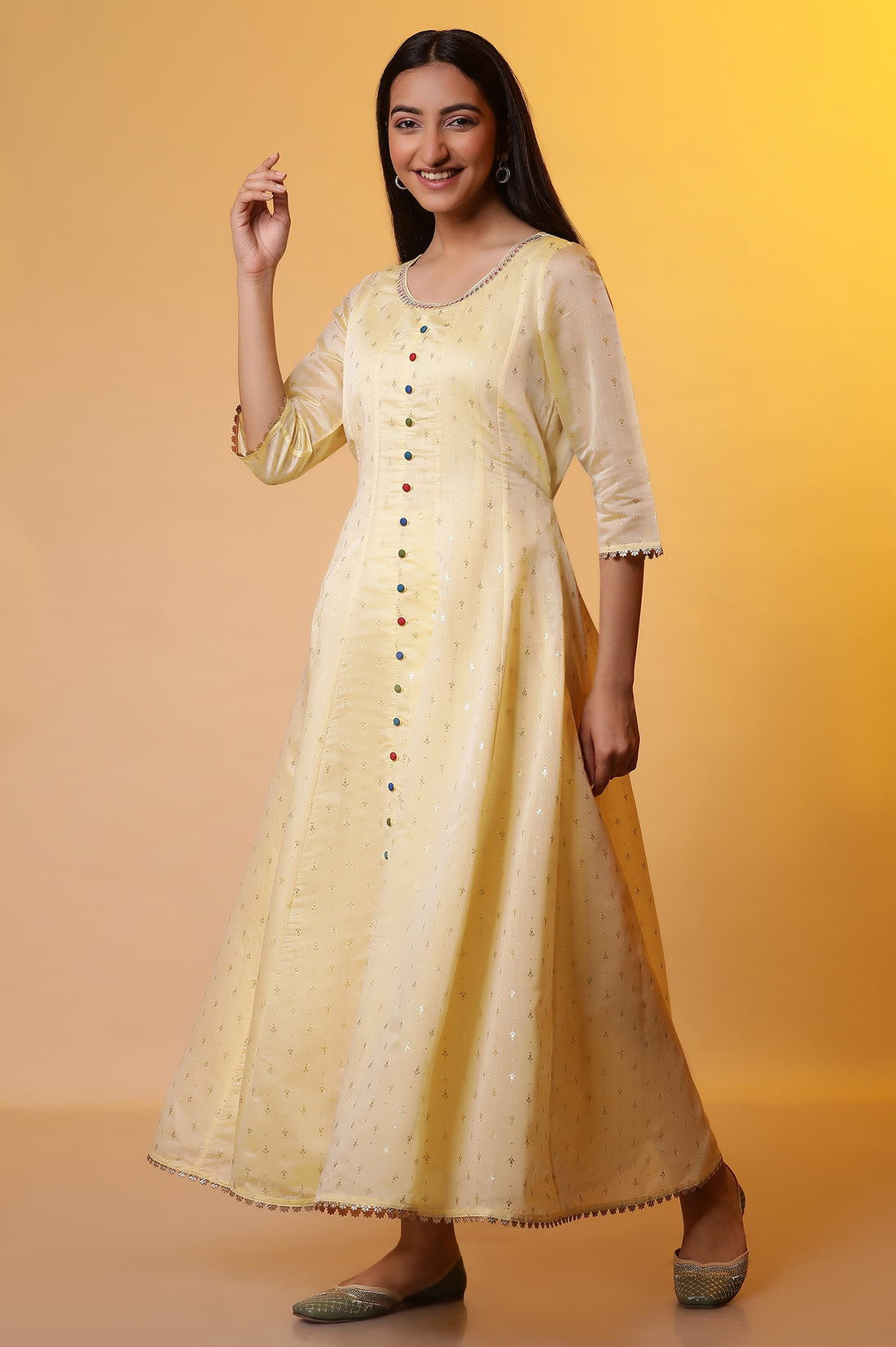 Yellow Embellished Anarkali Kurta, Tights and Dupatta Set