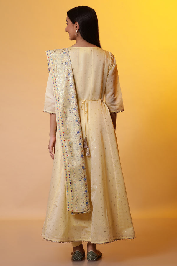 Yellow Embellished Anarkali Kurta, Tights and Dupatta Set