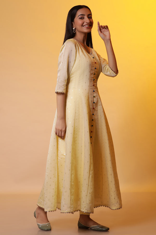 Yellow Embellished Anarkali Kurta, Tights and Dupatta Set
