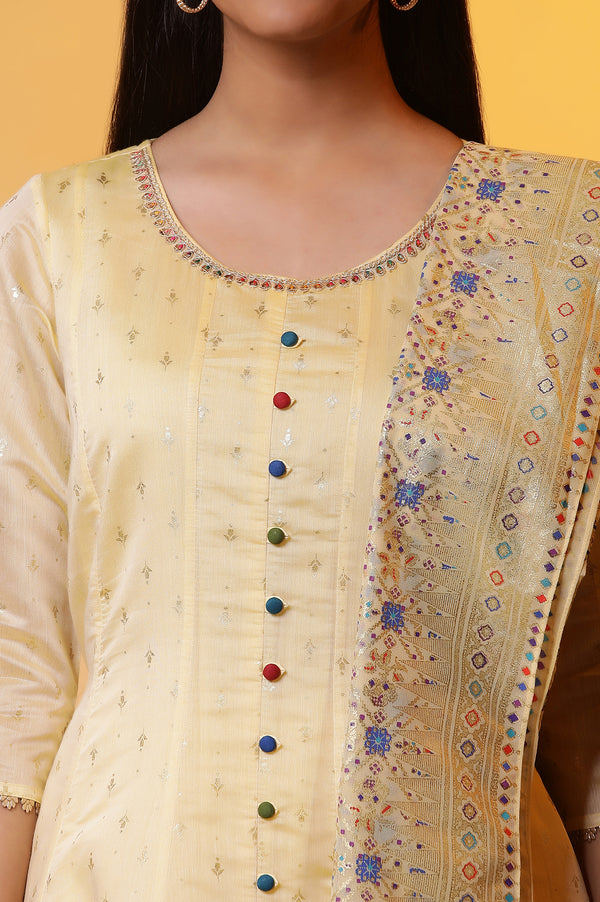 Yellow Embellished Anarkali Kurta, Tights and Dupatta Set
