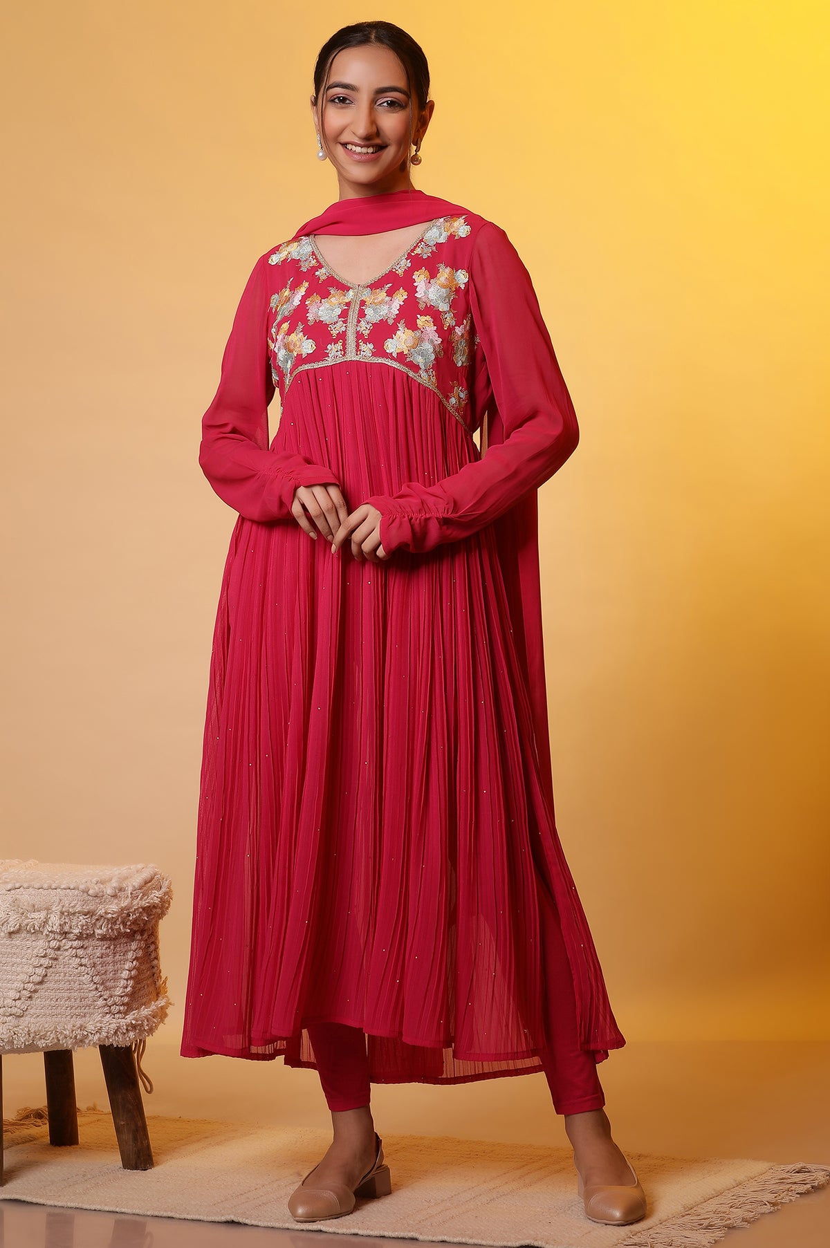 Pink Embroidered High-Slits Kurta, Tights and Dupatta Set - S