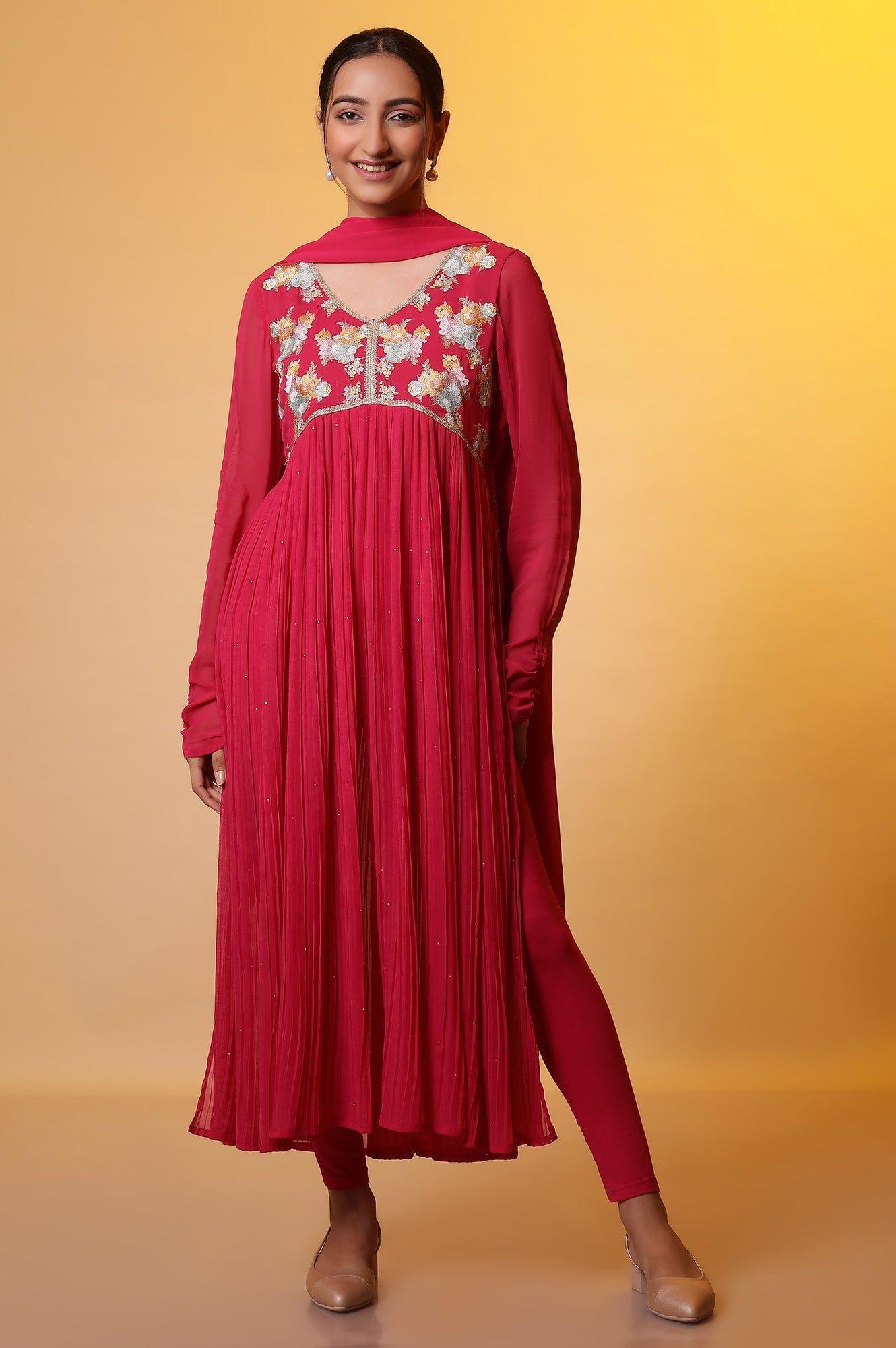 Pink Embroidered High-Slits Kurta, Tights and Dupatta Set