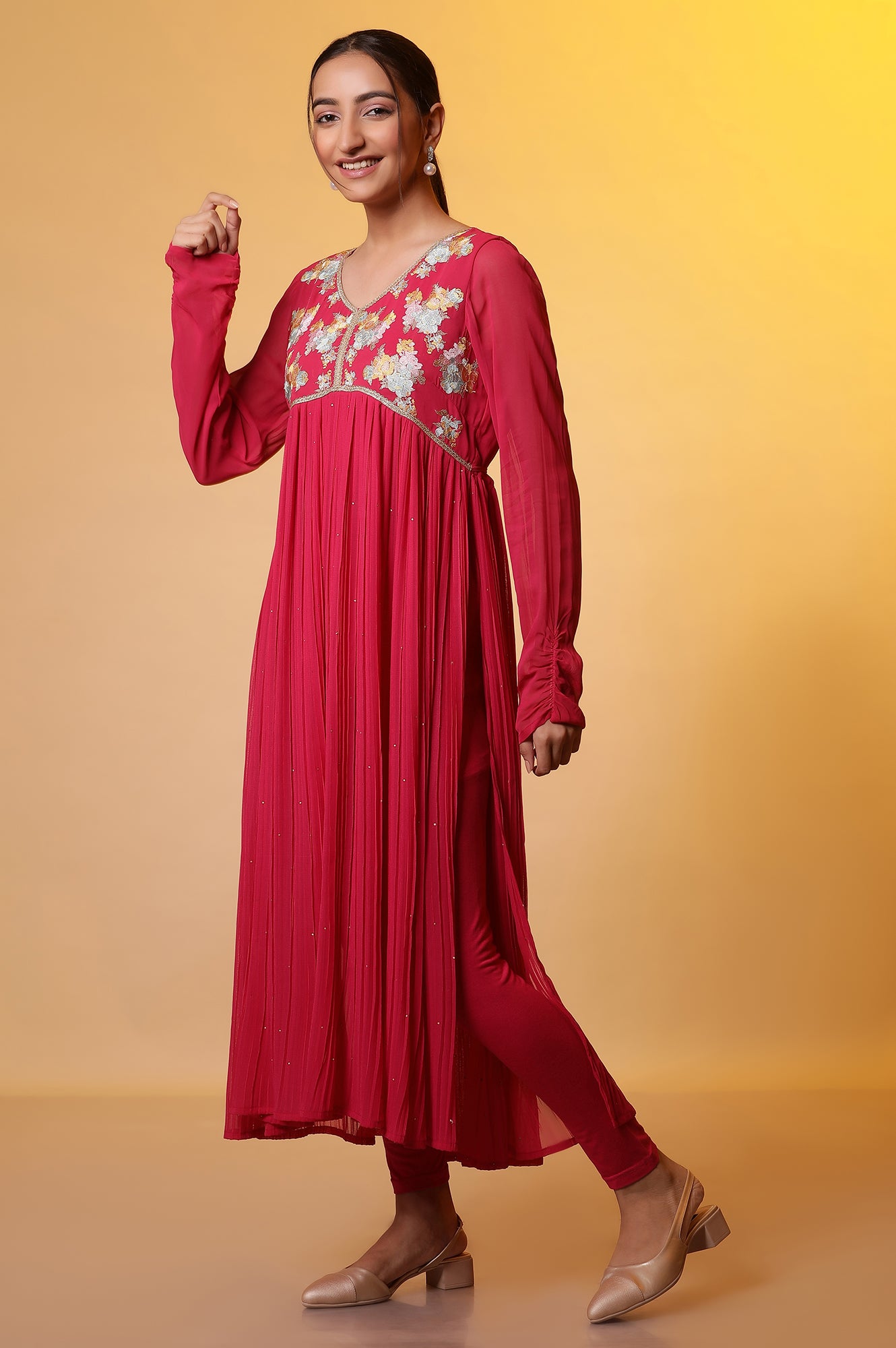 Pink Printed kurta with Tights Set