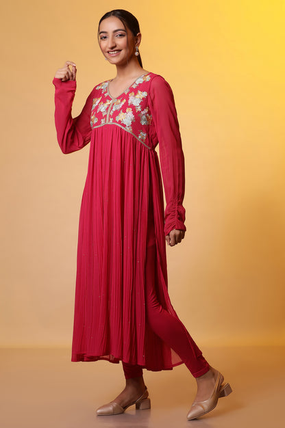 Pink Embroidered High-Slits Kurta, Tights and Dupatta Set