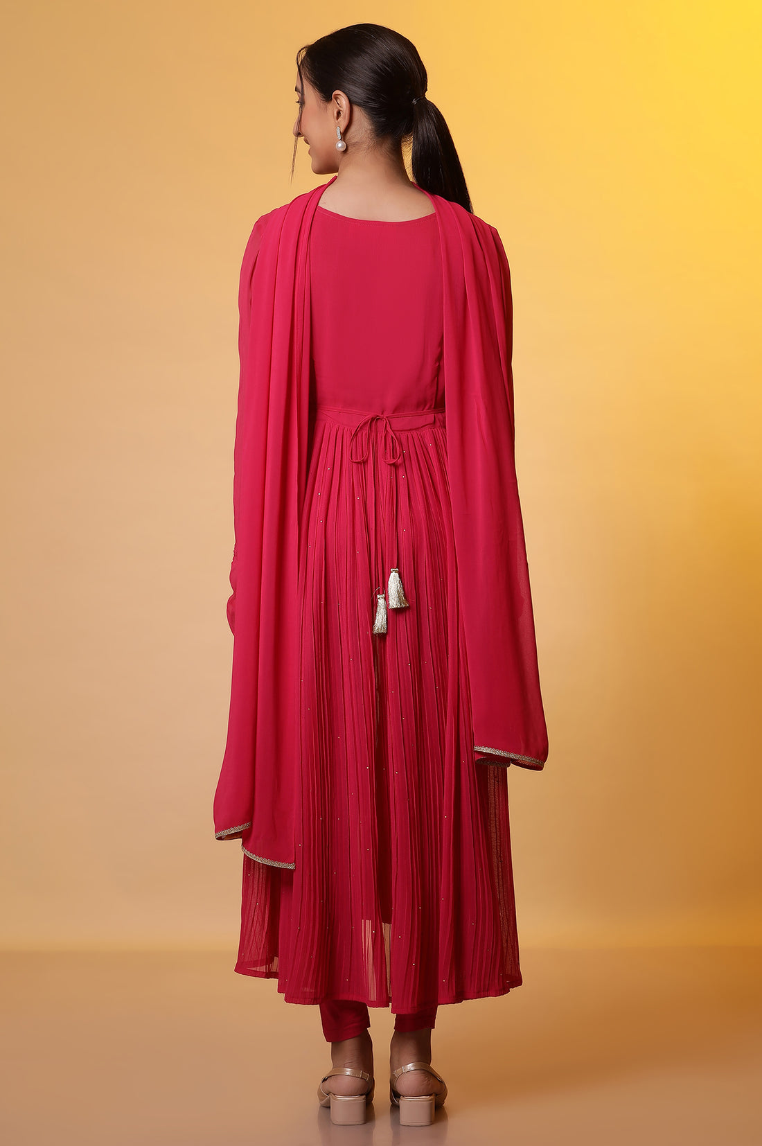 Pink Embroidered High-Slits Kurta, Tights and Dupatta Set