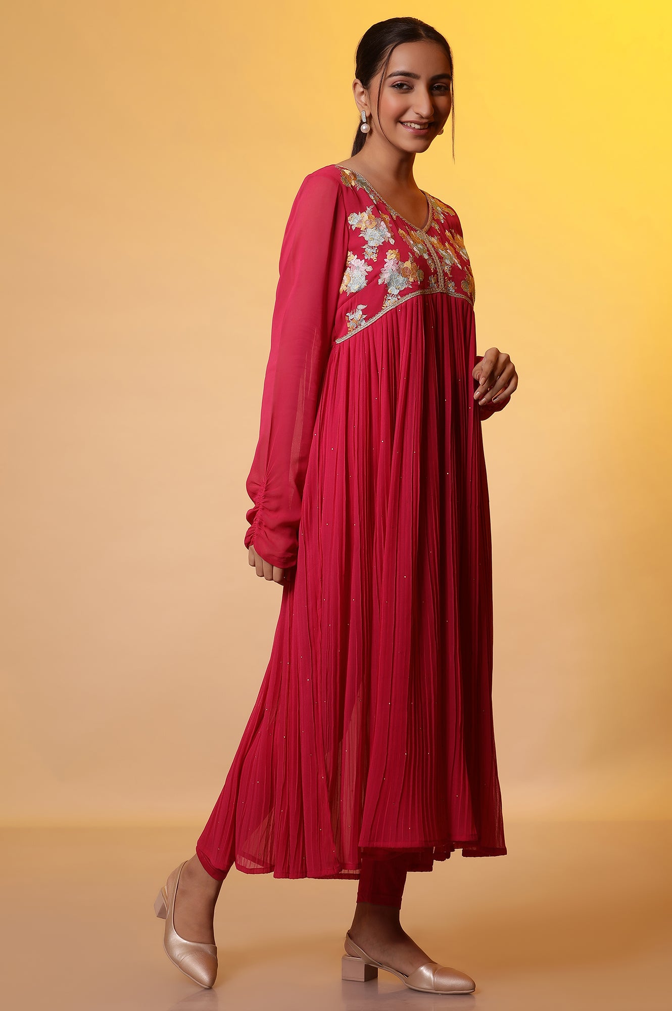 Pink Embroidered High-Slits Kurta, Tights and Dupatta Set