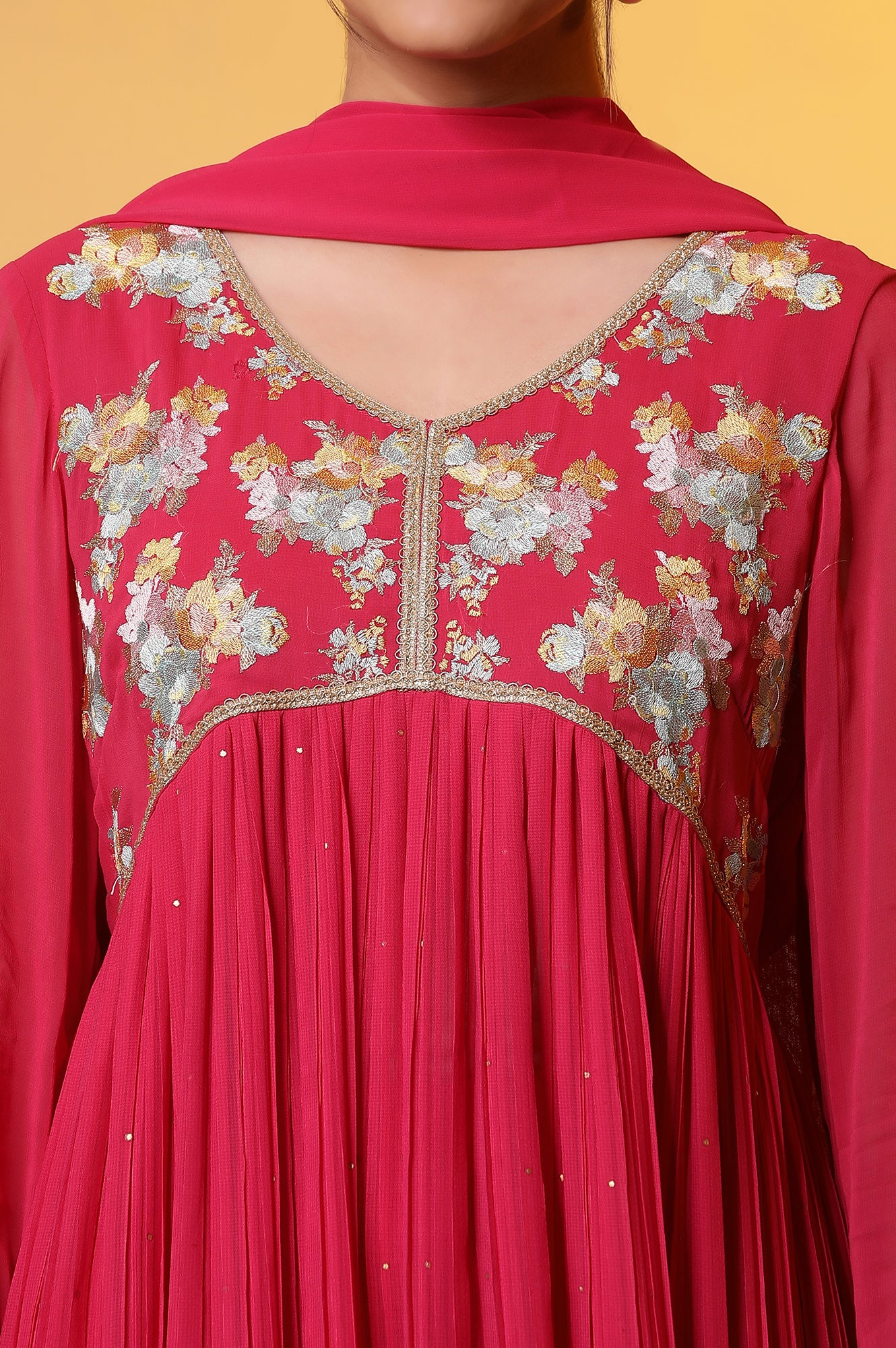 Pink Embroidered High-Slits Kurta, Tights and Dupatta Set