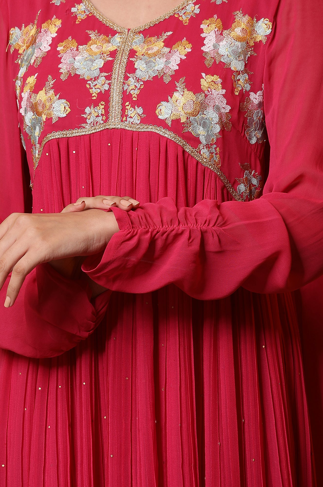 Pink Embroidered High-Slits Kurta, Tights and Dupatta Set