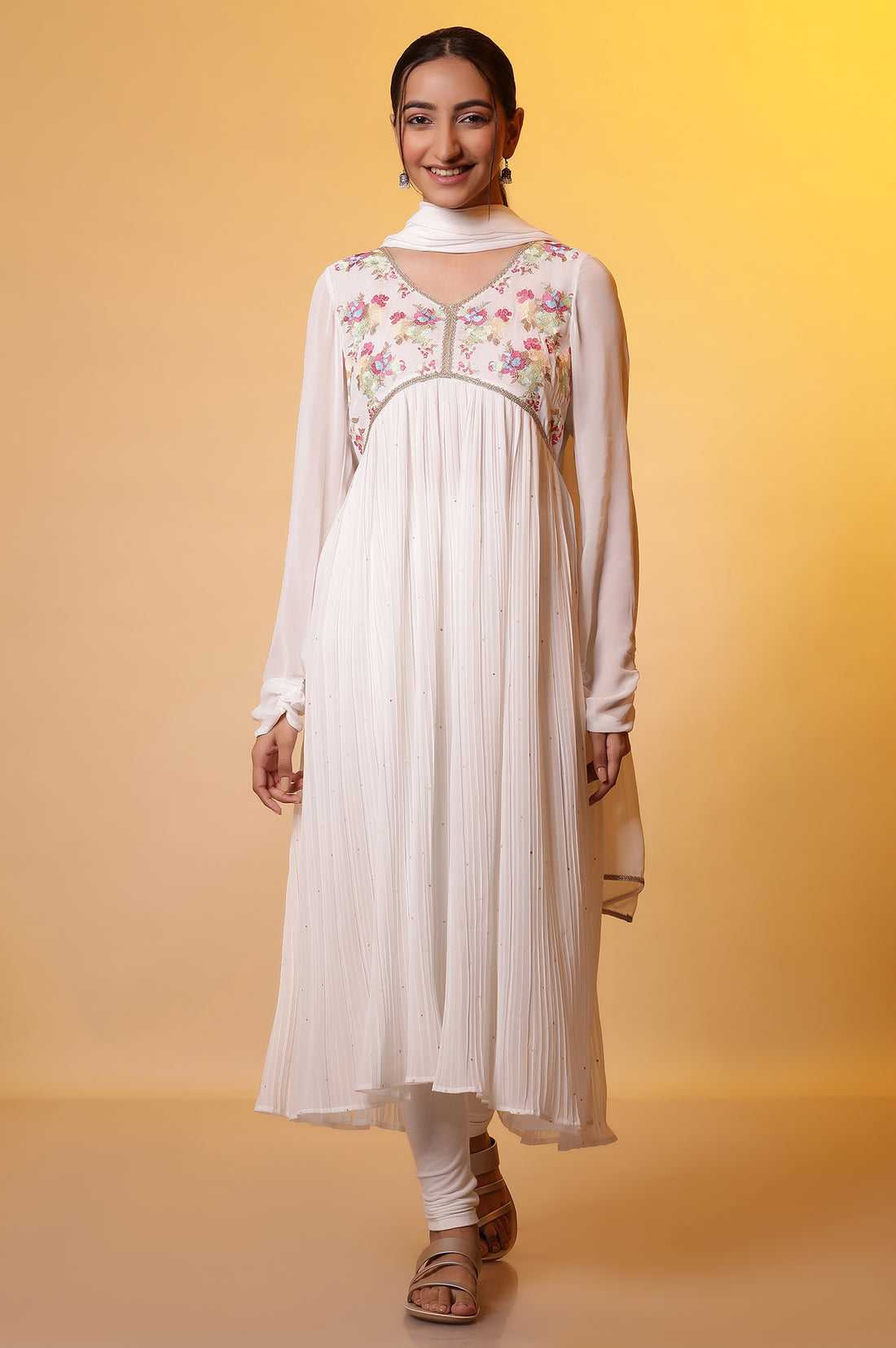 Off-white Embroidered High-Slits Kurta, Tights and Dupatta Set