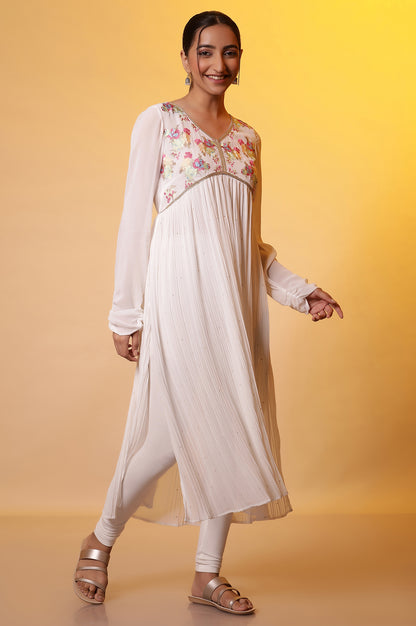 Off-white Embroidered High-Slits Kurta, Tights and Dupatta Set