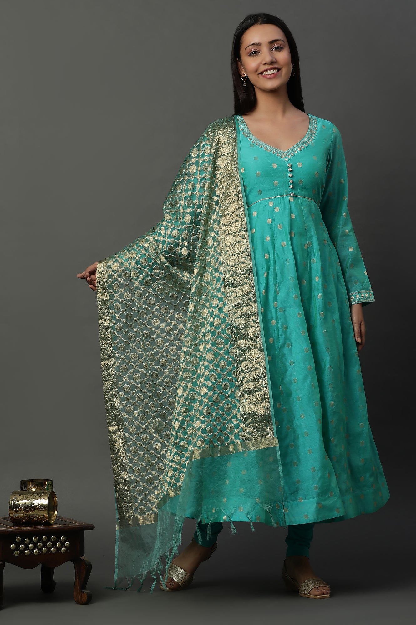 Teal Green Zari Anarkali Kurta, Tights and Banarsi Dupatta Set