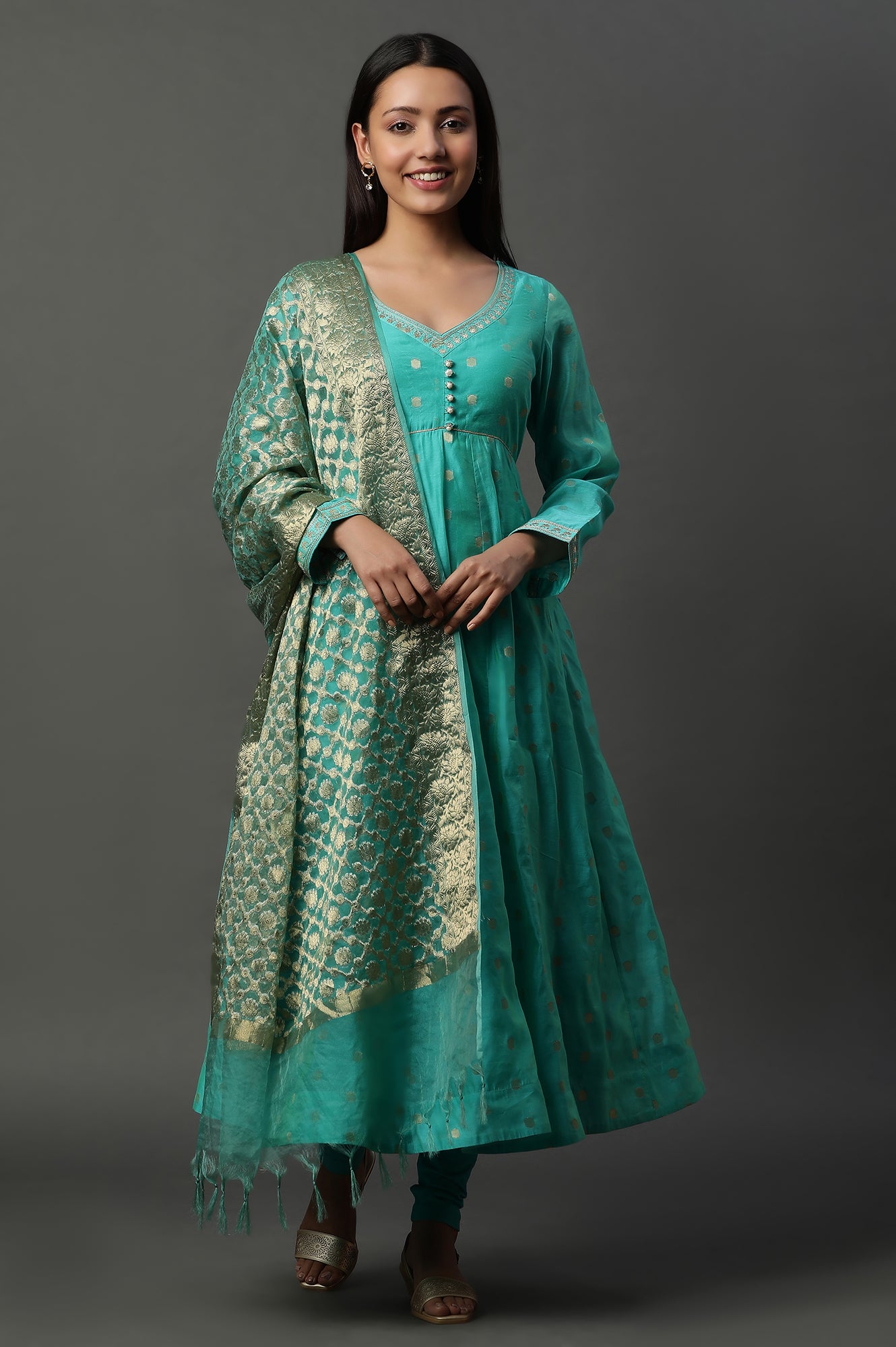 Teal Green Zari Anarkali Kurta, Tights and Banarsi Dupatta Set