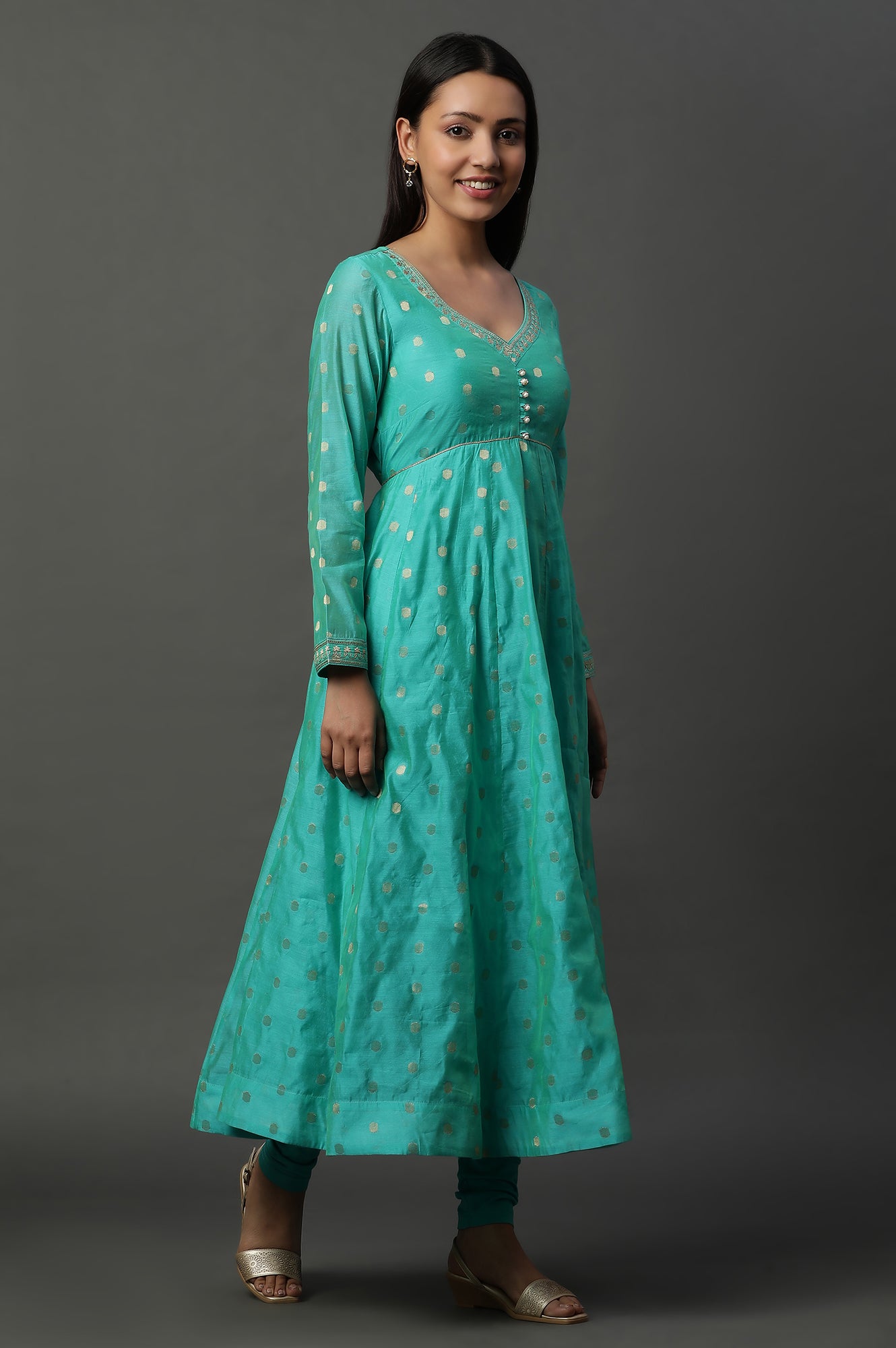 Teal Green Zari Anarkali Kurta, Tights and Banarsi Dupatta Set