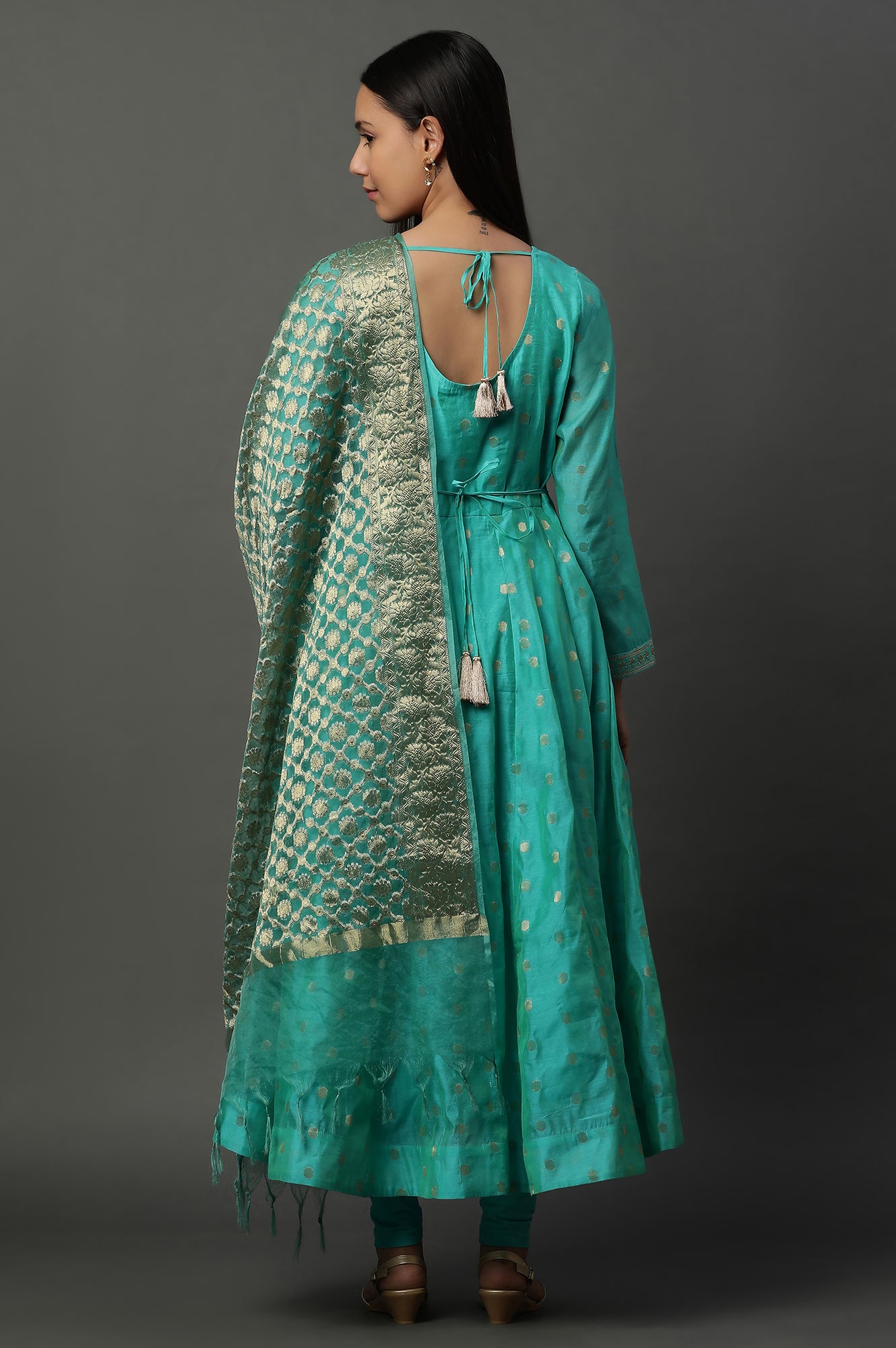 Teal Green Zari Anarkali Kurta, Tights and Banarsi Dupatta Set