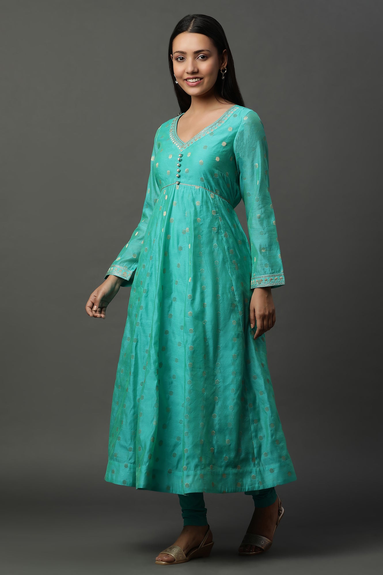 Teal Green Zari Anarkali Kurta, Tights and Banarsi Dupatta Set