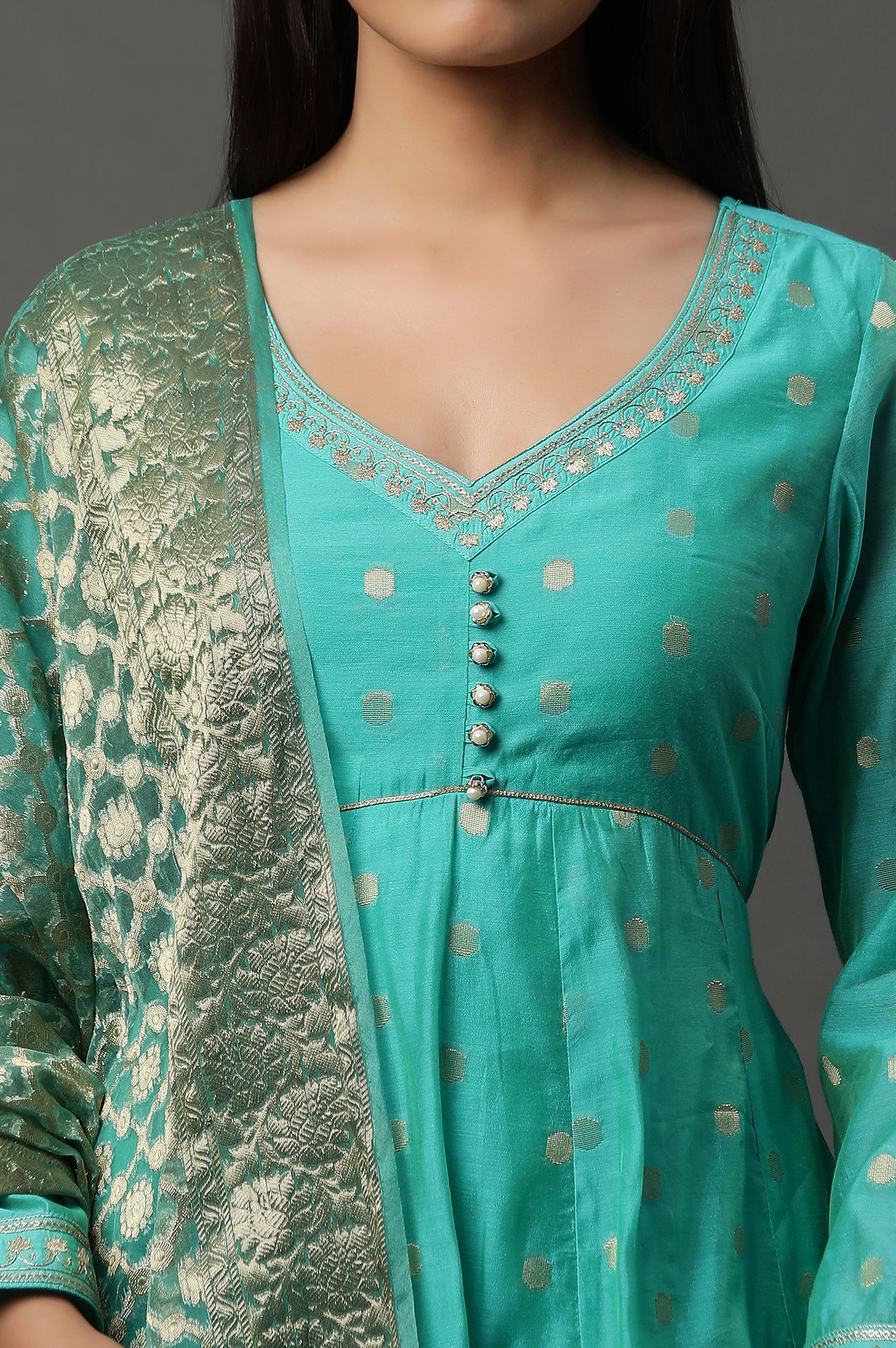 Teal Green Zari Anarkali Kurta, Tights and Banarsi Dupatta Set