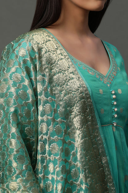 Teal Green Zari Anarkali Kurta, Tights and Banarsi Dupatta Set