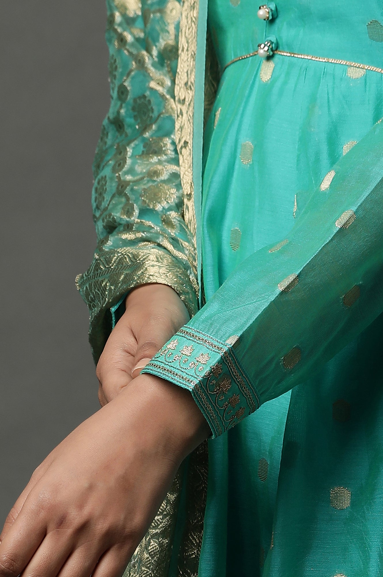 Teal Green Zari Anarkali Kurta, Tights and Banarsi Dupatta Set