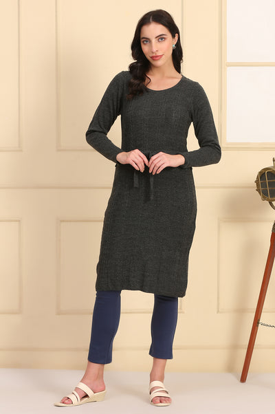 Grey Self Design Straight Winter Dress with Waist Belt