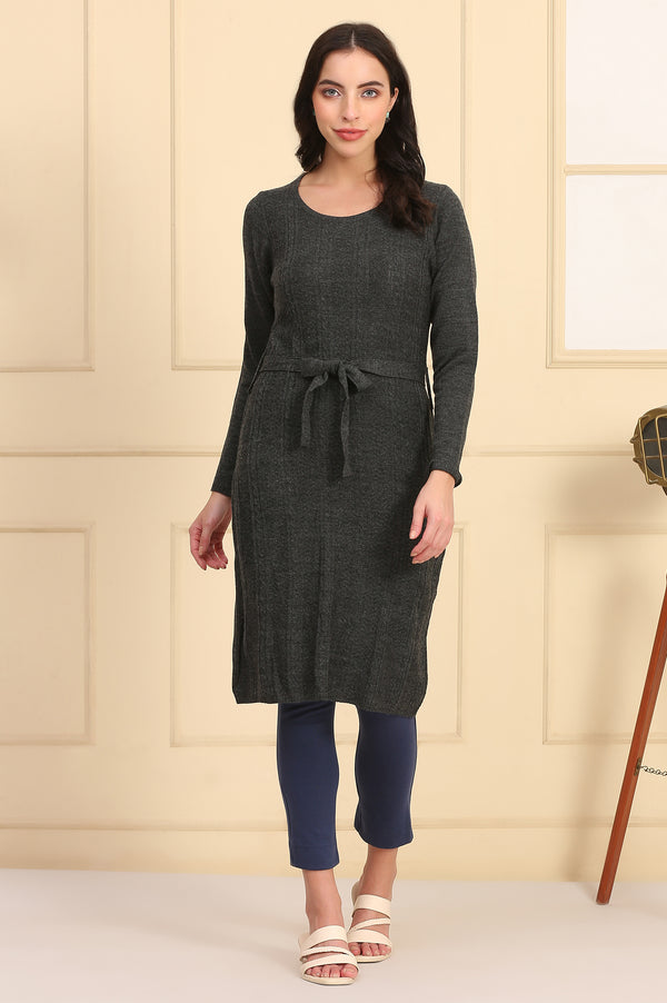 Grey Self Design Straight Winter Dress with Waist Belt