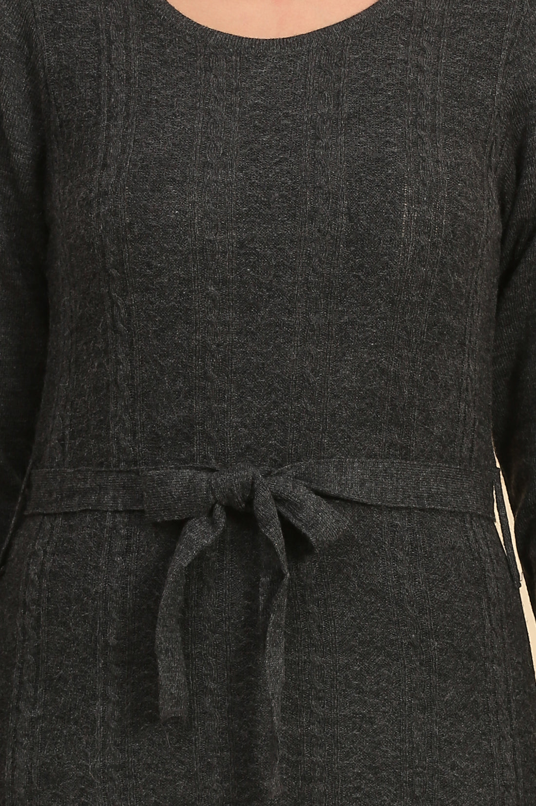 Grey Self Design Straight Winter Dress with Waist Belt
