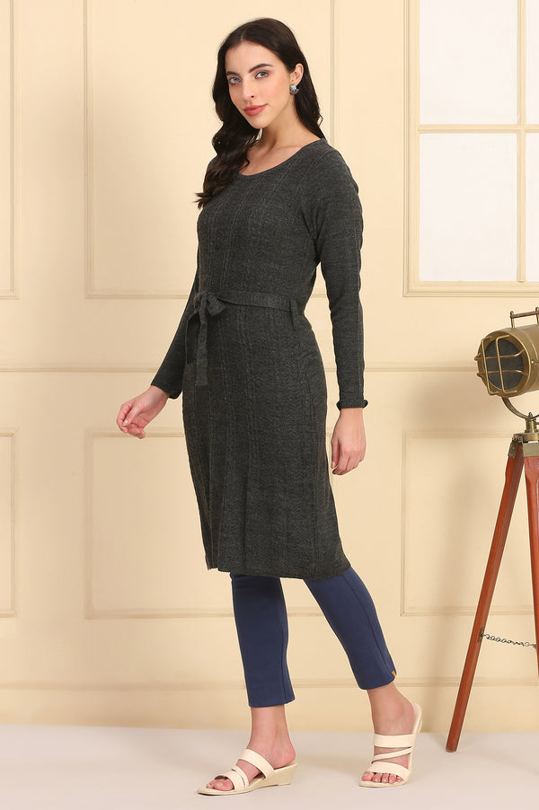 Grey Self Design Straight Winter Dress with Waist Belt