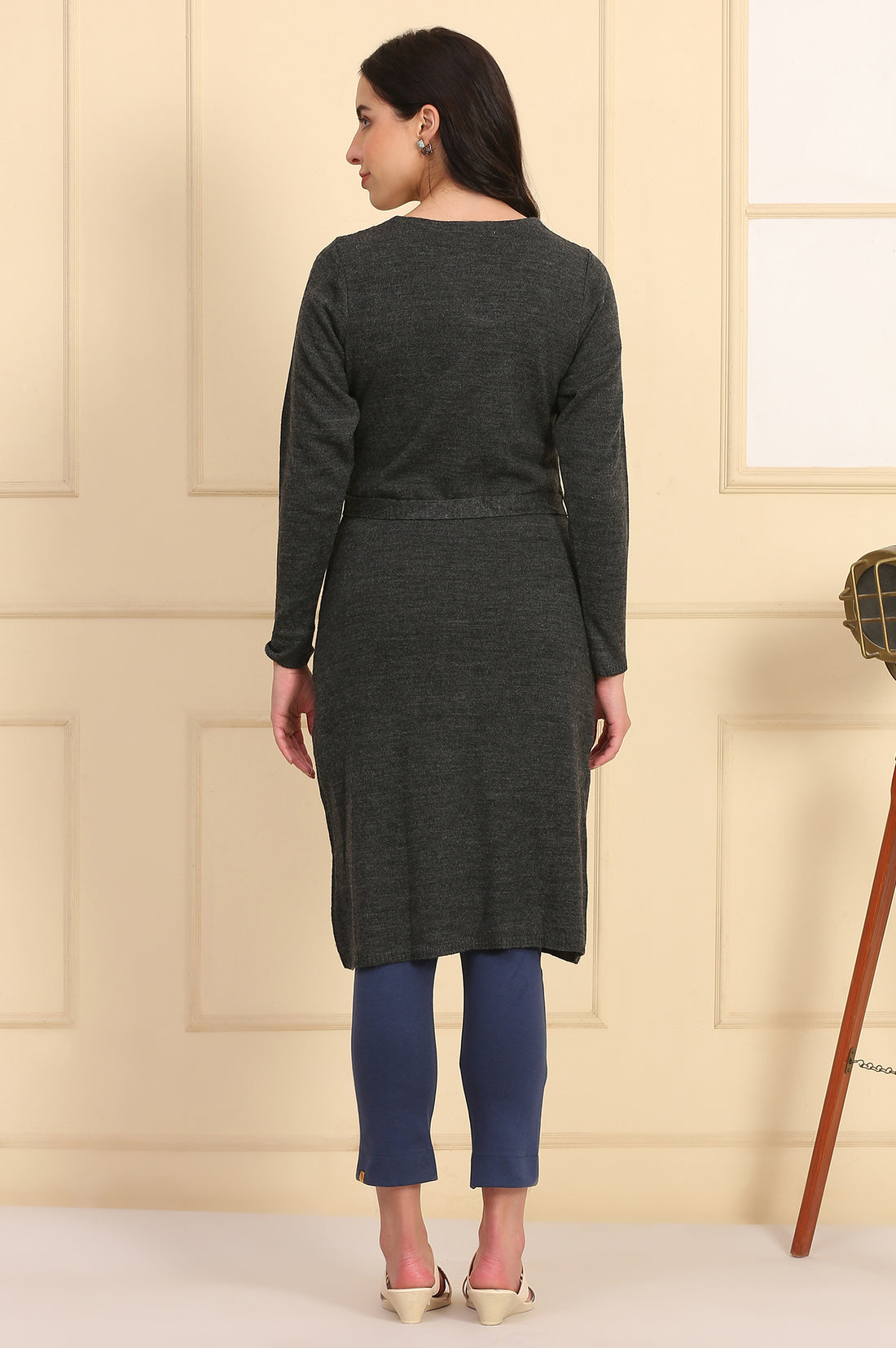 Grey Self Design Straight Winter Dress with Waist Belt