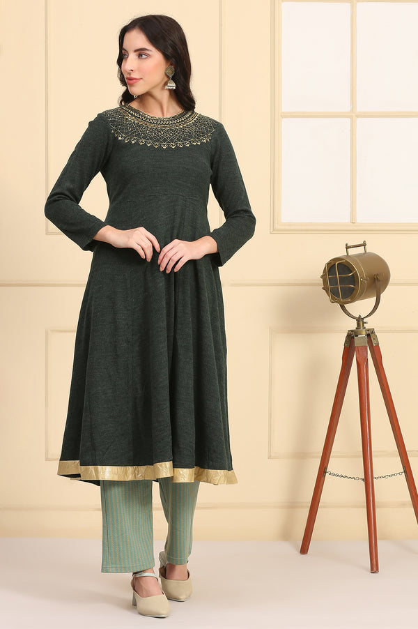 Green Embroidered Flared Winter Dress