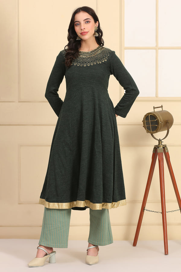 Green Embroidered Flared Winter Dress