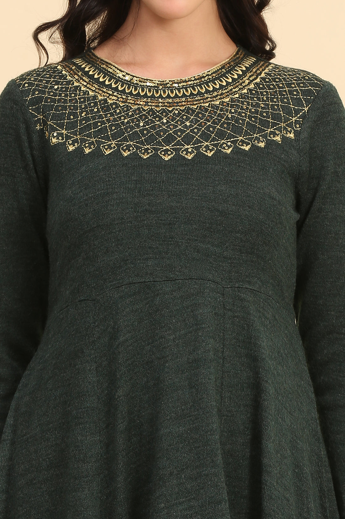 Green Embroidered Flared Winter Dress