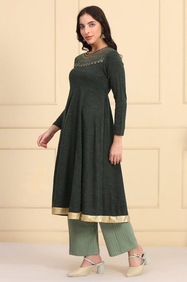 Green Embroidered Flared Winter Dress