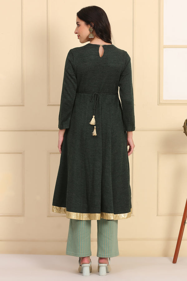 Green Embroidered Flared Winter Dress