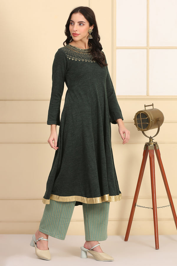 Green Embroidered Flared Winter Dress