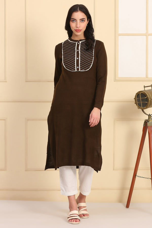 Brown Solid Embroidered Yoke Straight Winter Kurta