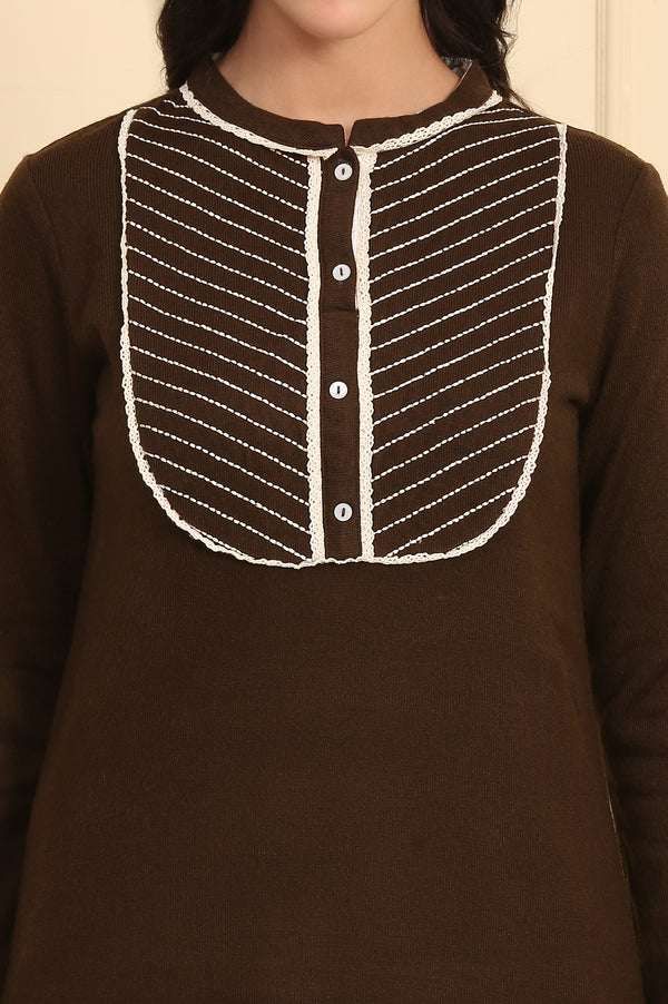 Brown Solid Embroidered Yoke Straight Winter Kurta