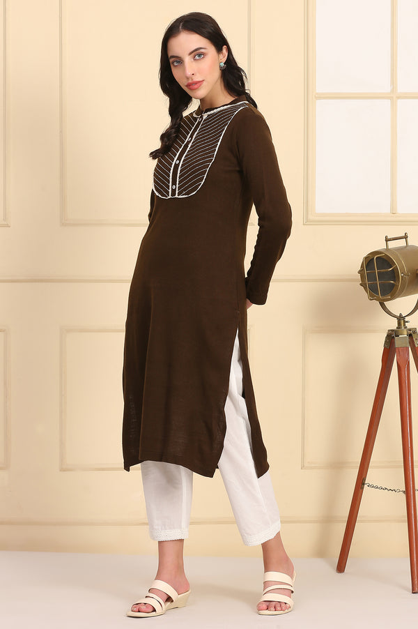 Brown Solid Embroidered Yoke Straight Winter Kurta