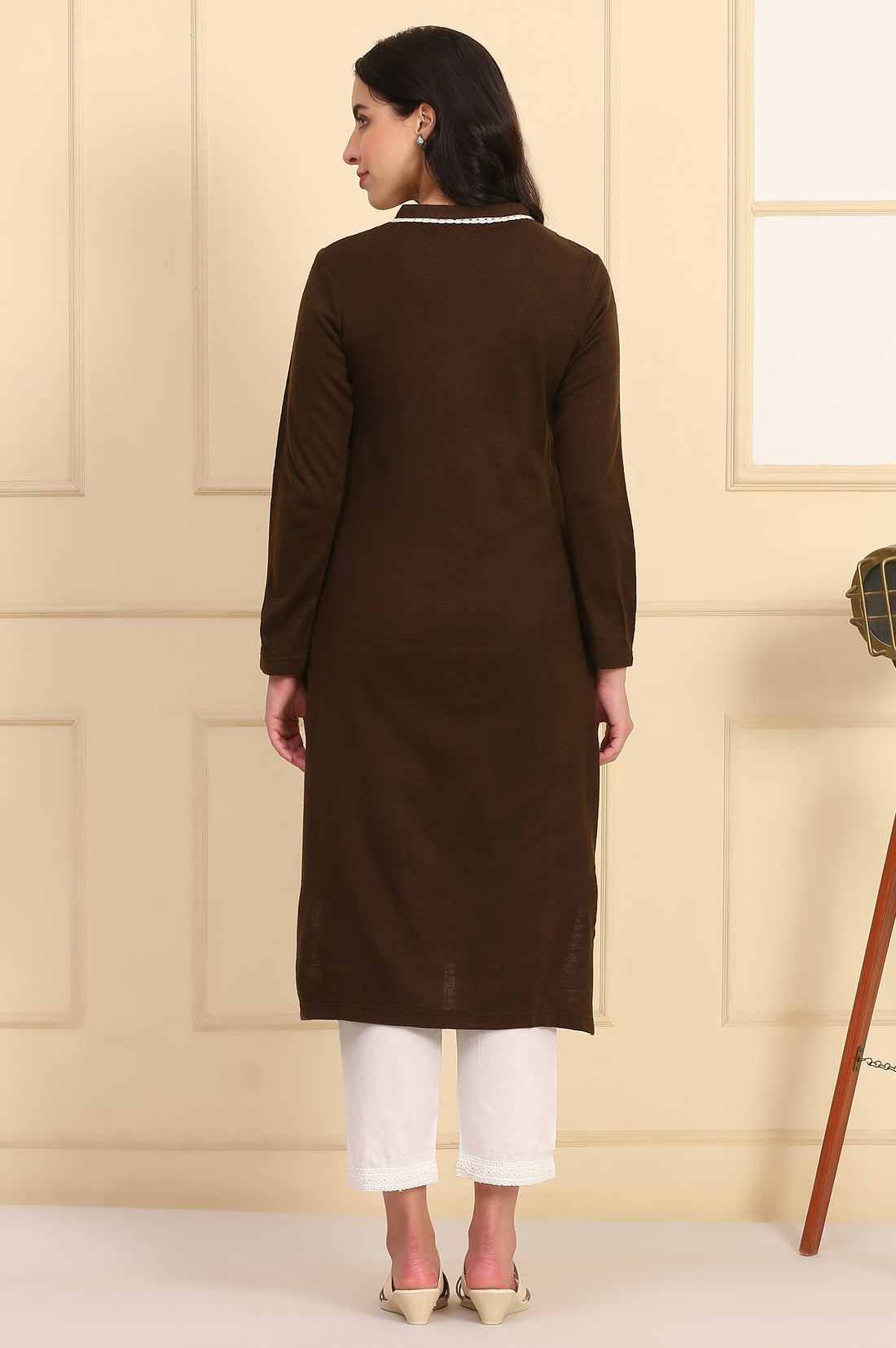 Brown Solid Embroidered Yoke Straight Winter Kurta