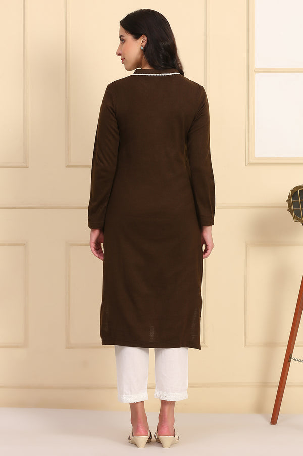 Brown Solid Embroidered Yoke Straight Winter Kurta