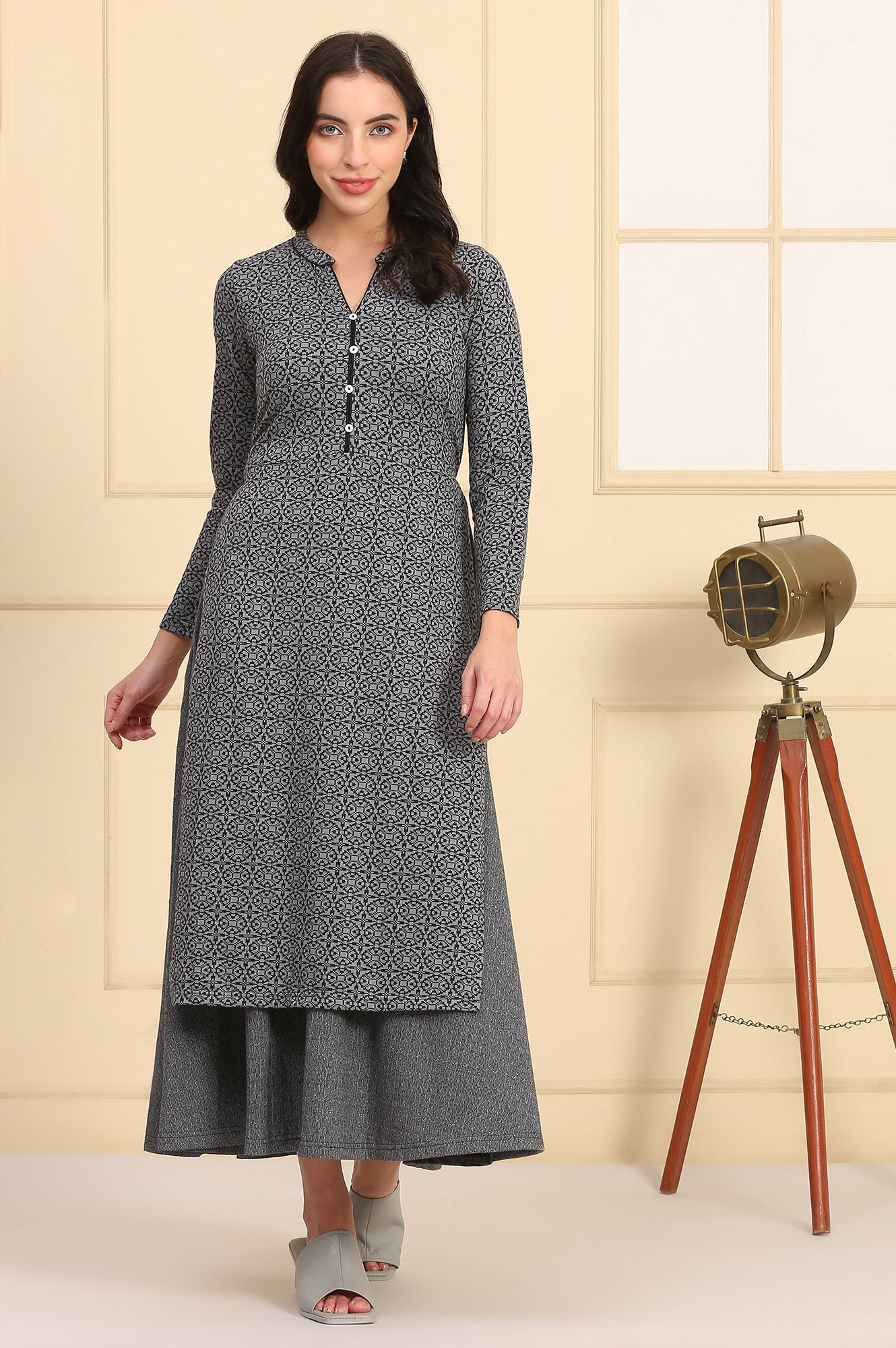 Buy Grey Geometric Printed Yarn Dyed A-line Winter Dress Online