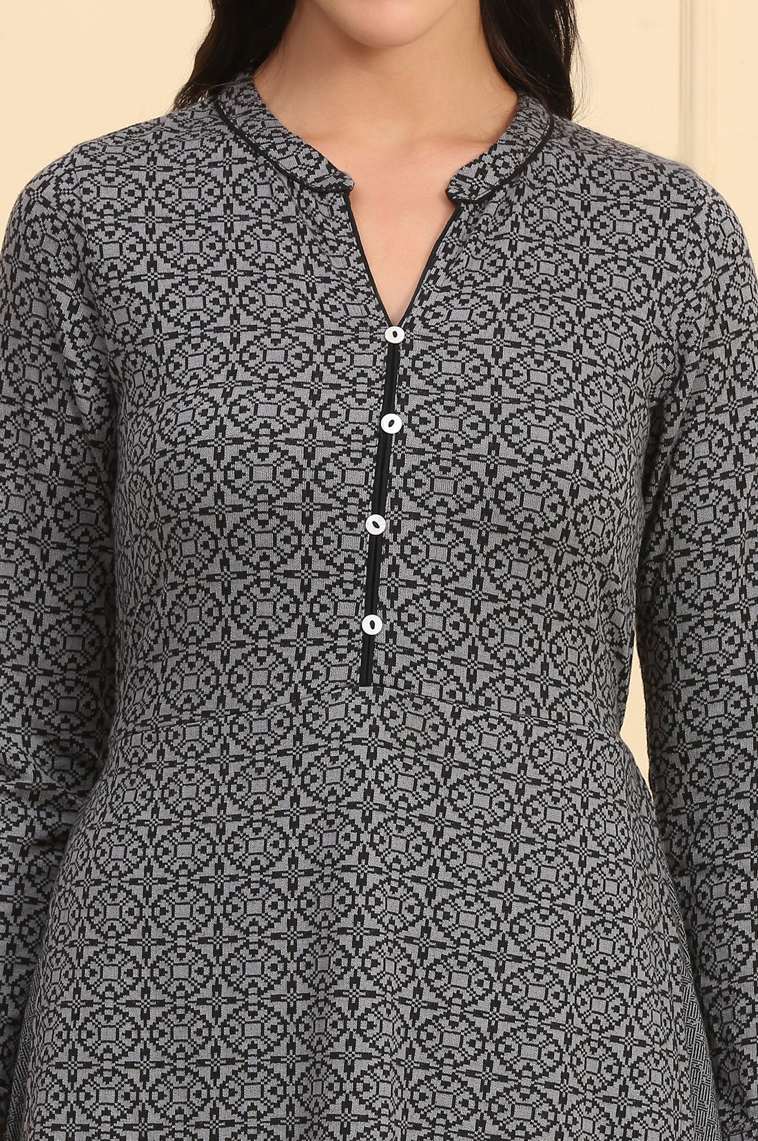 Grey Geometric Printed Yarn Dyed A-line Winter Dress