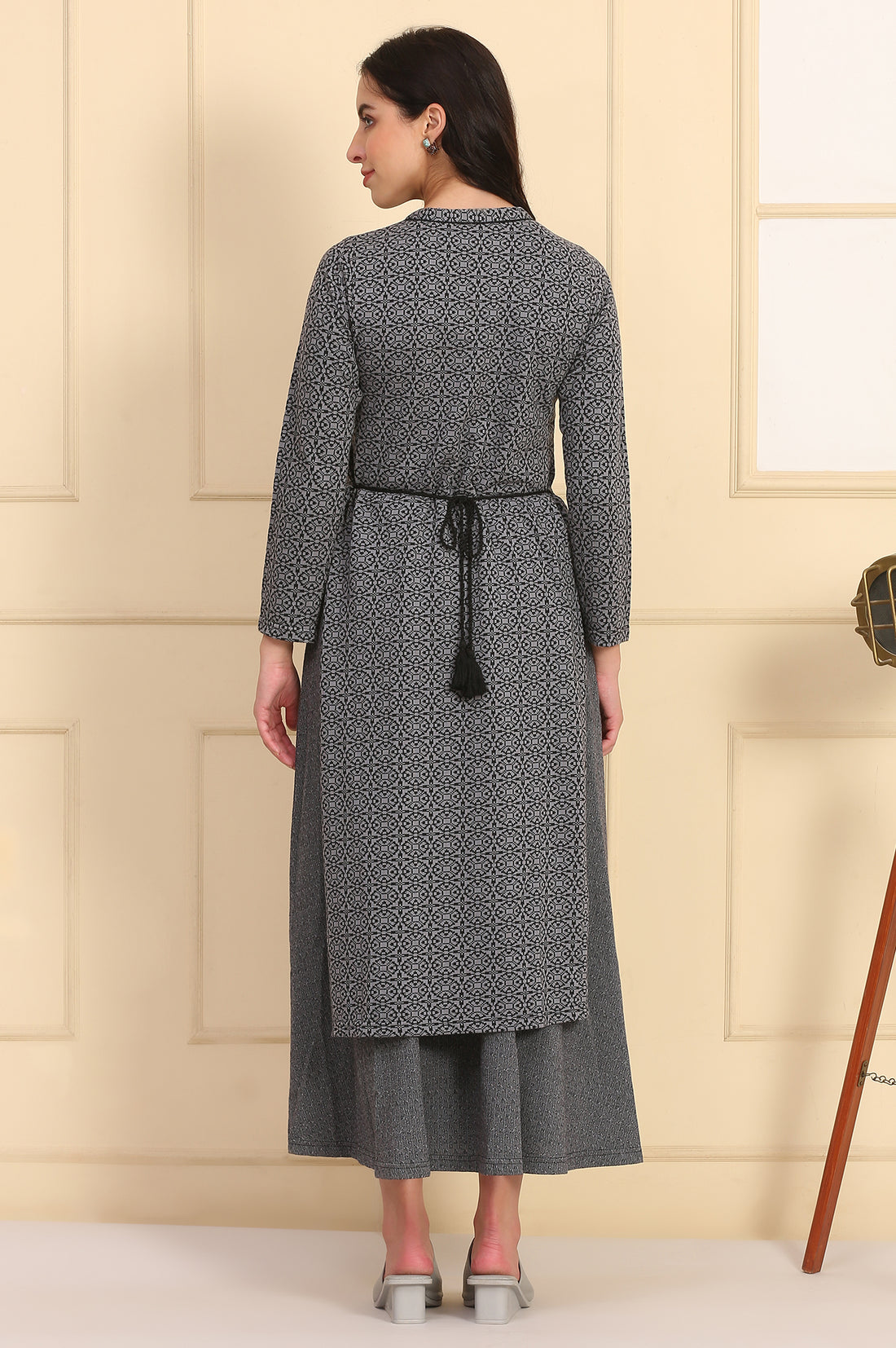 Grey Geometric Printed Yarn Dyed A-line Winter Dress