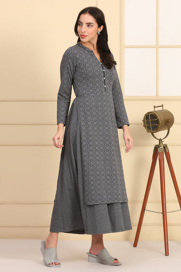 Grey Geometric Printed Yarn Dyed A-line Winter Dress