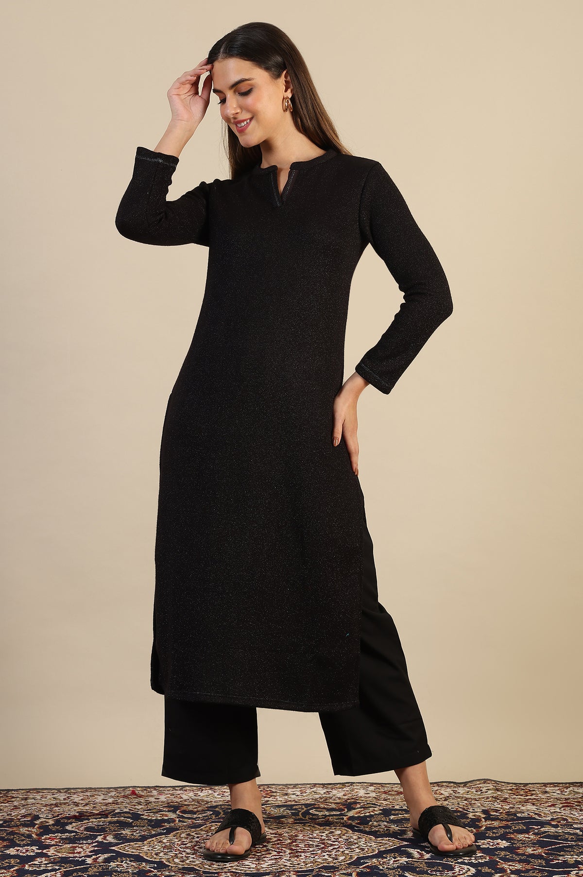 Black Yarn Dyed Straight Kurta - S